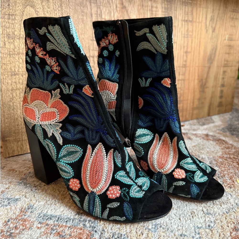 Floral Embroidered Black Ankle Peep Toe Boots